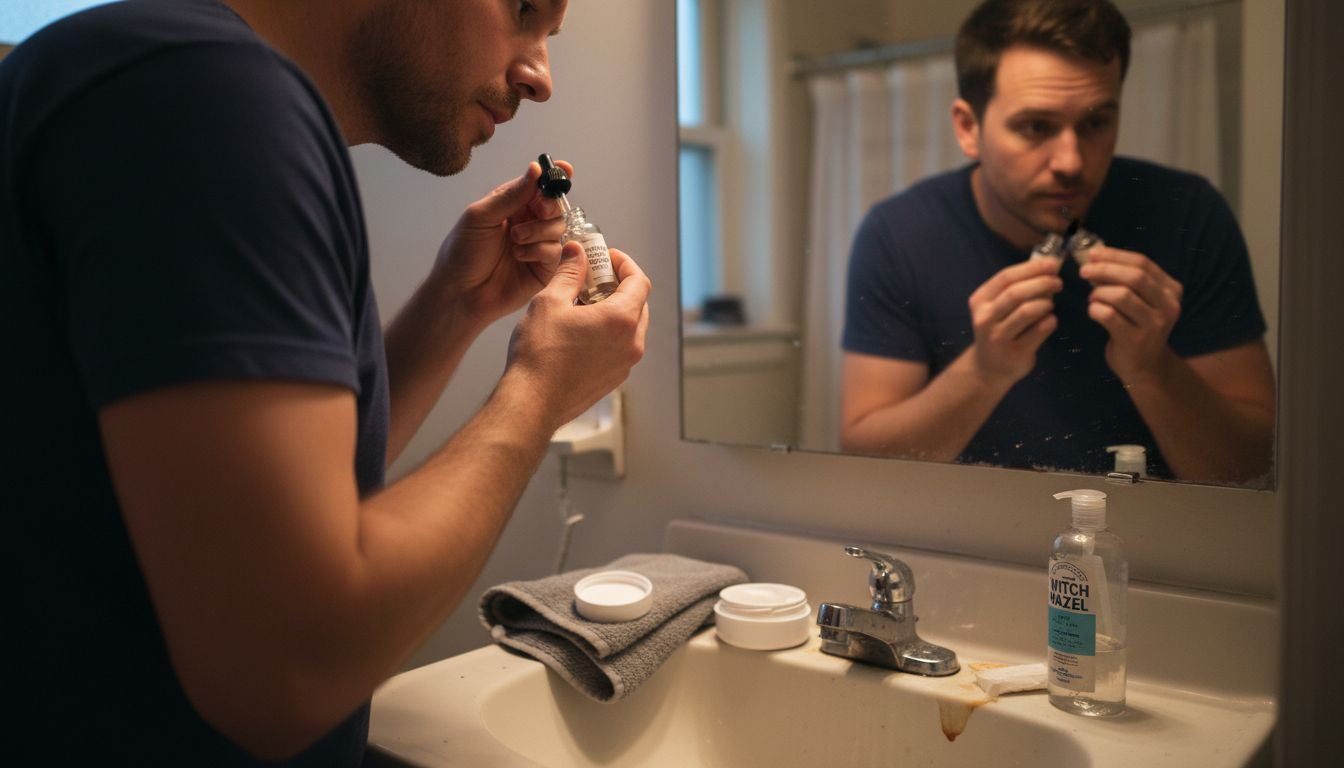 Man applying serum in small bathroom
