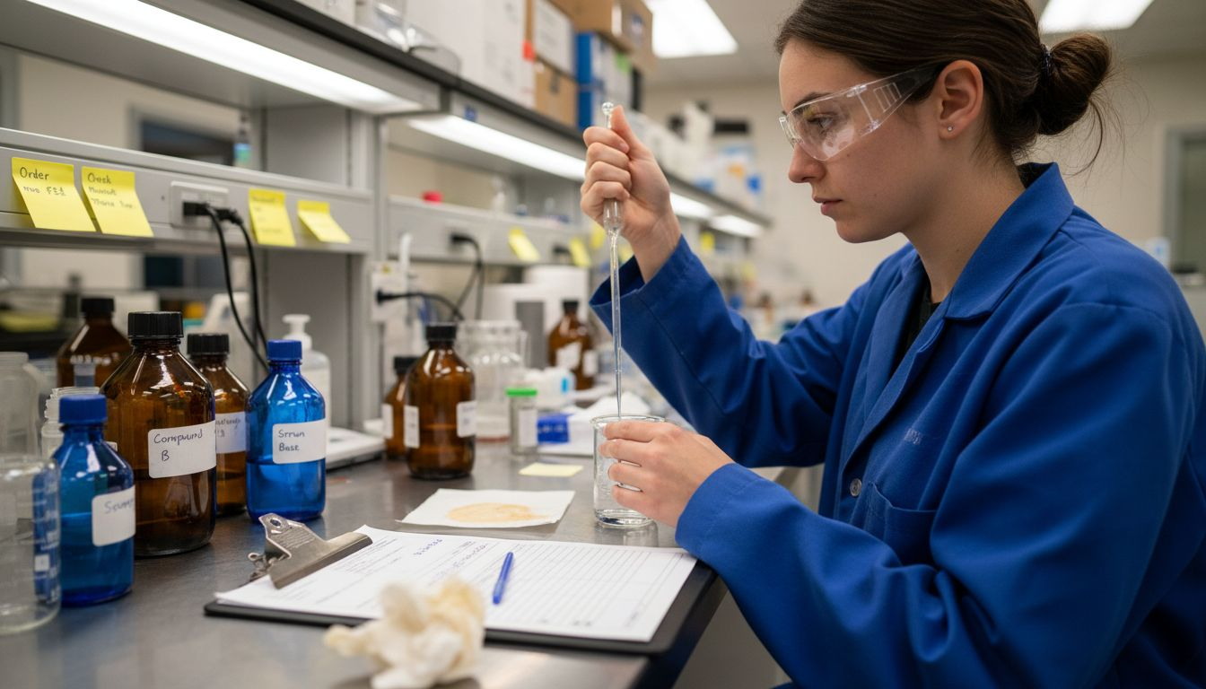 Lab tech testing skincare serum at bench
