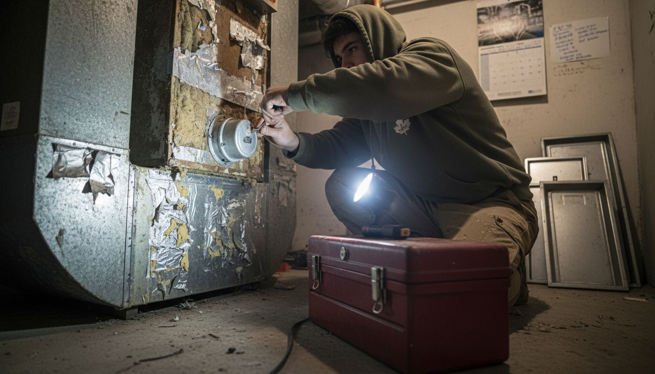 Installer adding damper to basement ductwork