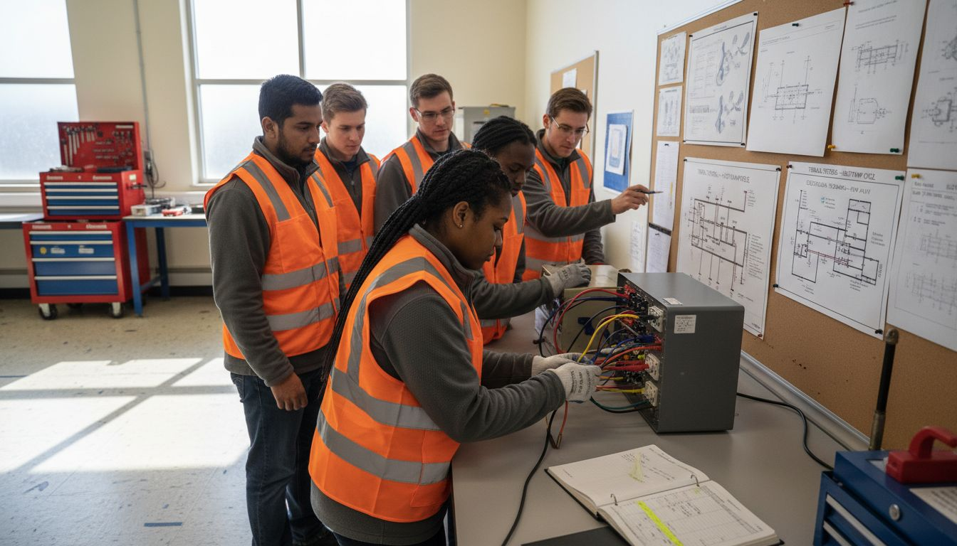 Trainees practicing on heat pump simulator in lab
