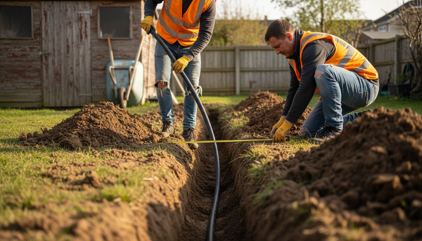 Installers laying pipe for ground-source heat pump
