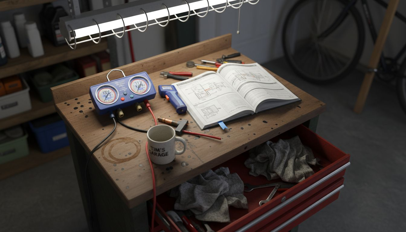 Diagnostic HVAC tools spread across workbench