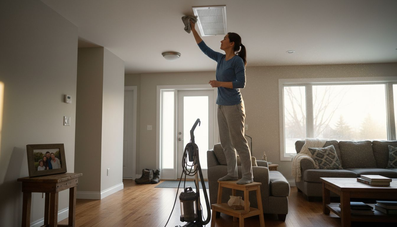 Woman performing indoor heat pump maintenance