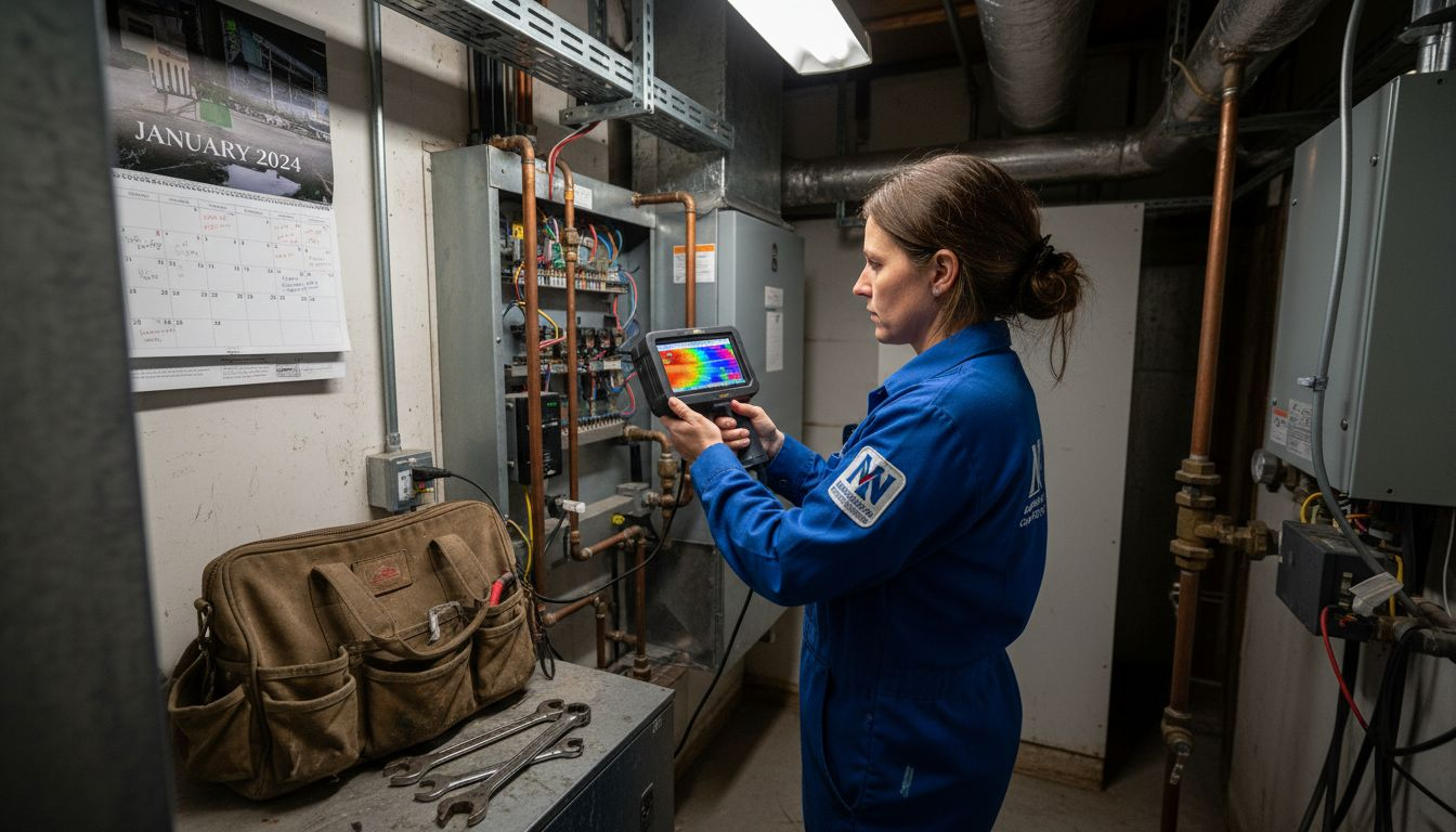 Technician using thermal camera on heat pump wiring