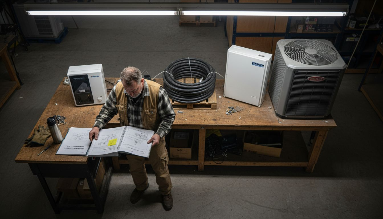 Installer comparing code manuals with heat pump types