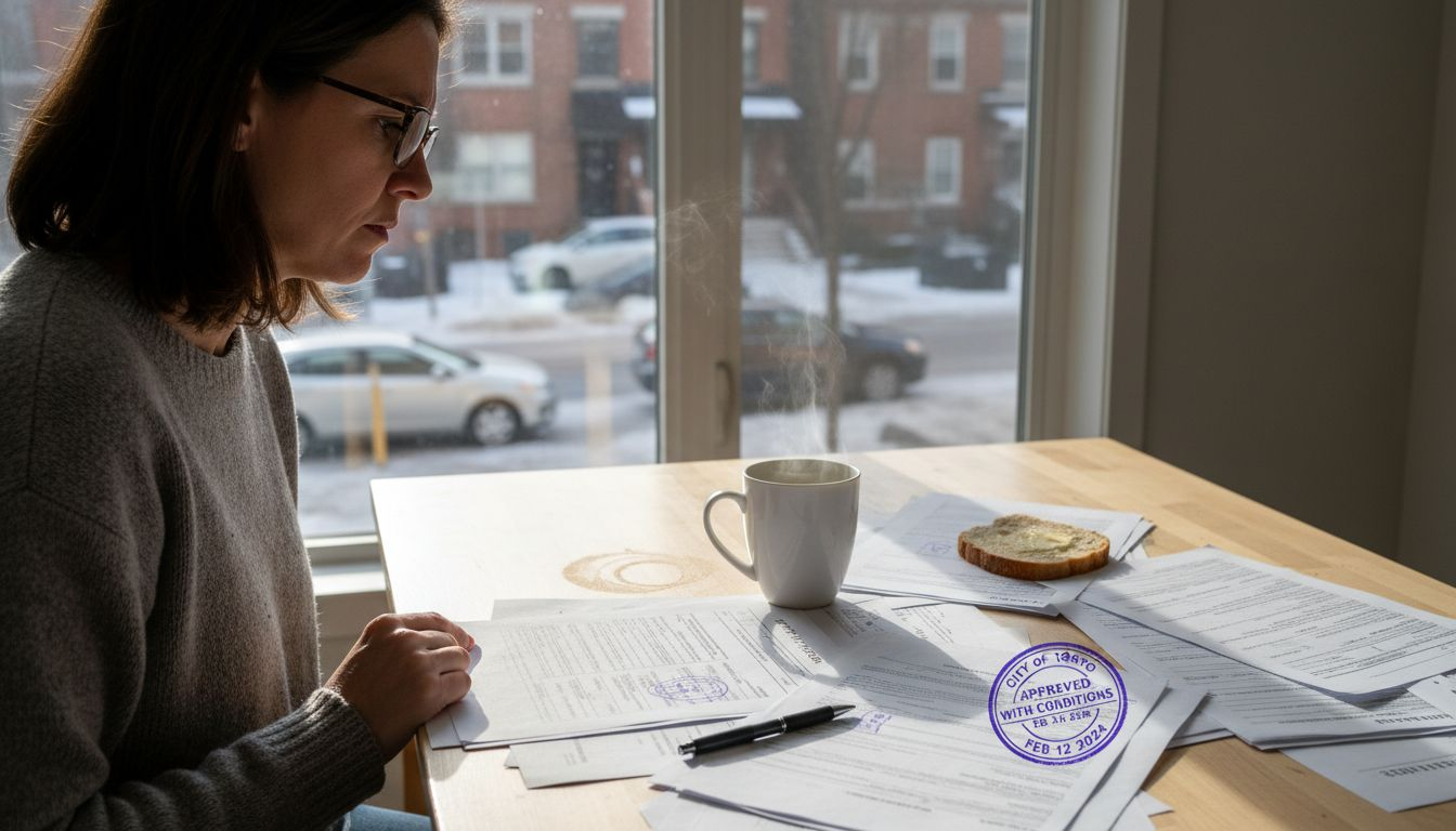 Homeowner reviewing permit paperwork at kitchen table
