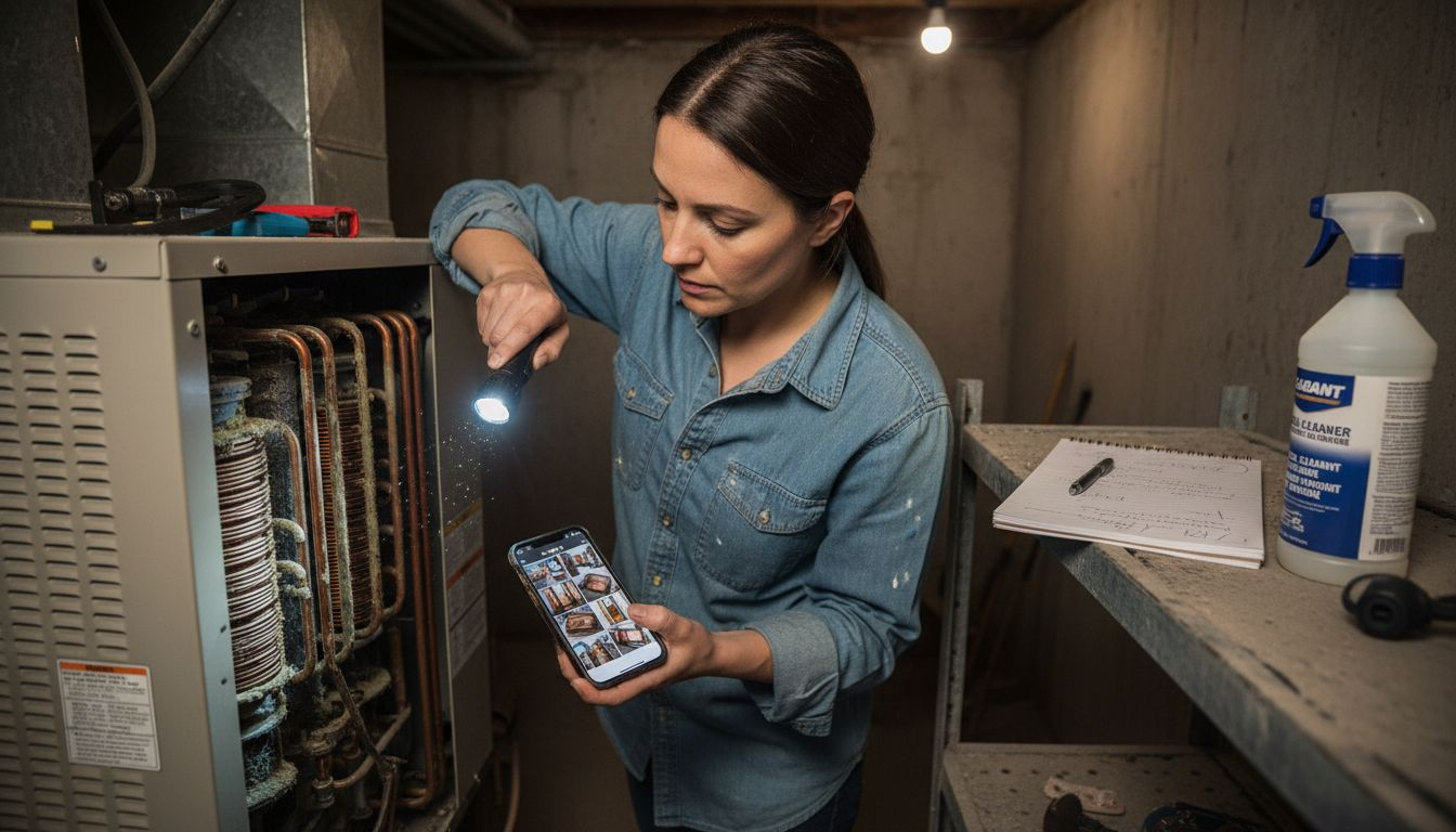Woman examining coils in heat pump inspection