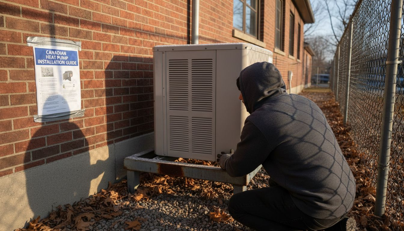Heat pump on platform beside municipal building