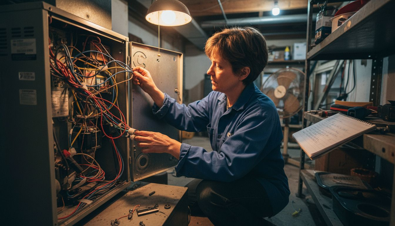 Specialist fixes wiring inside heat pump unit