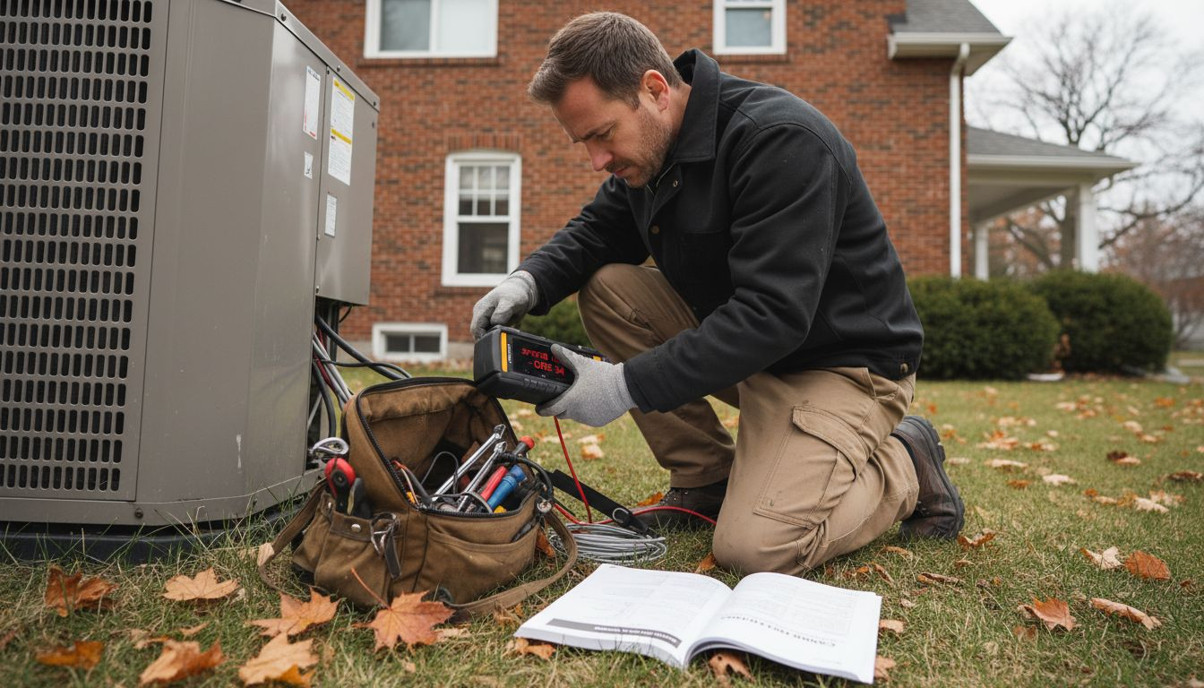 Technician inspecting and repairing a heat pump