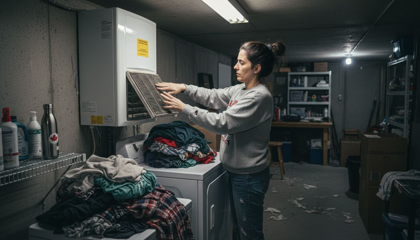 Homeowner replacing heat pump filter in basement