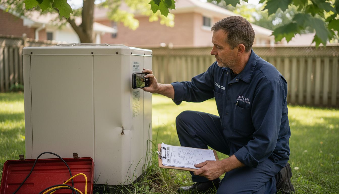 Technician documenting outdoor heat pump installation