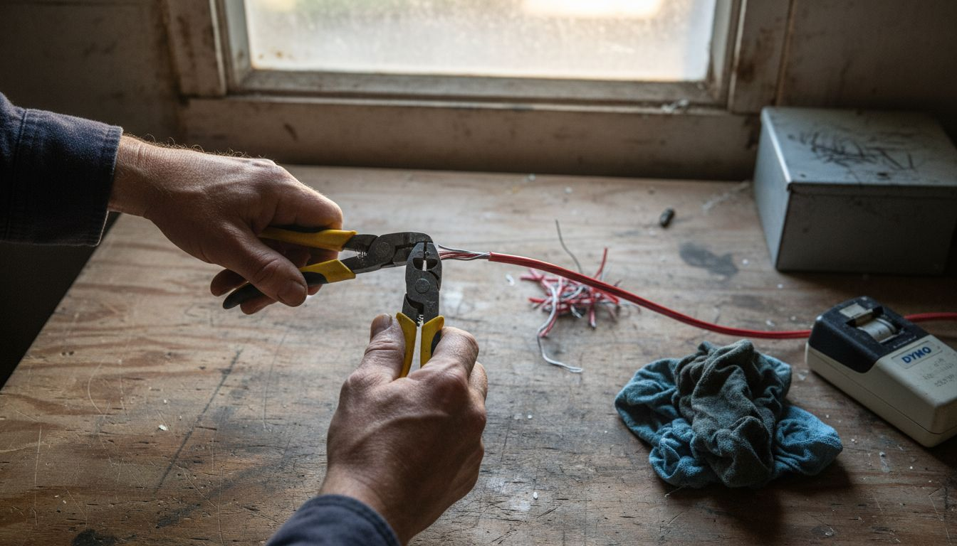 Hands strip wire for heat pump install