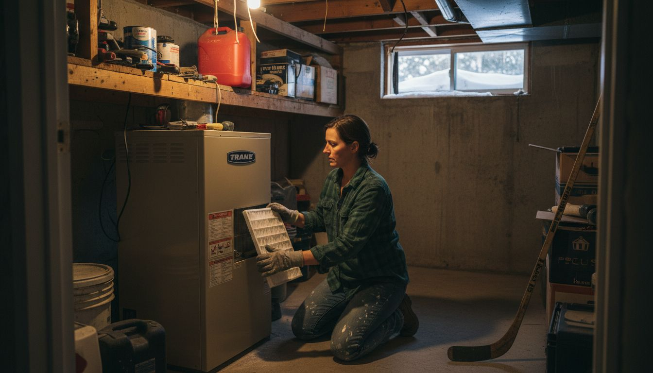 Homeowner replaces heat pump filter in basement