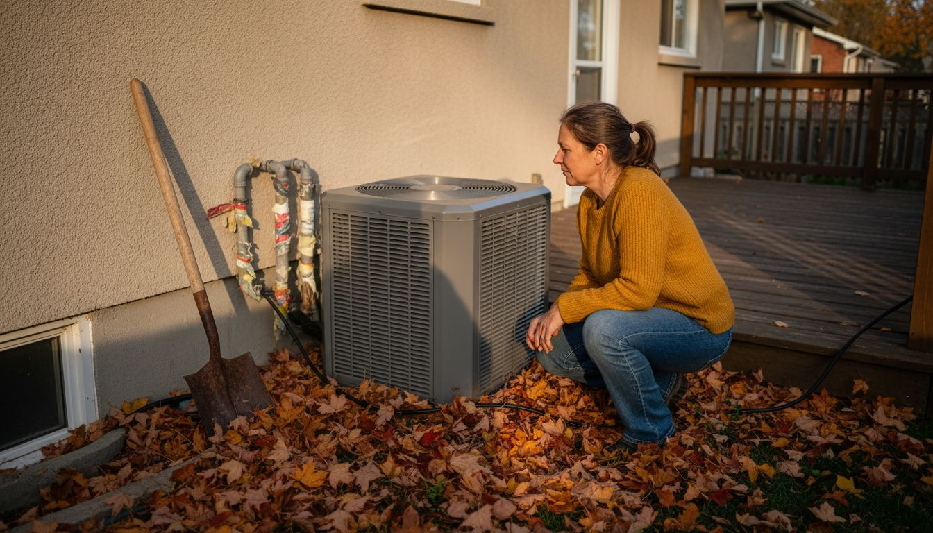 Homeowner beside outdoor air-source heat pump