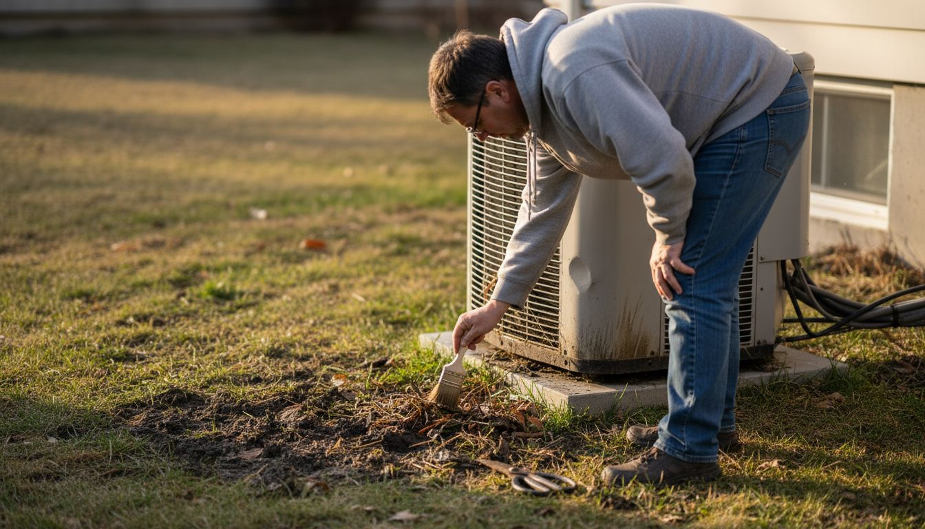 Inspecting debris on heat pump condenser unit