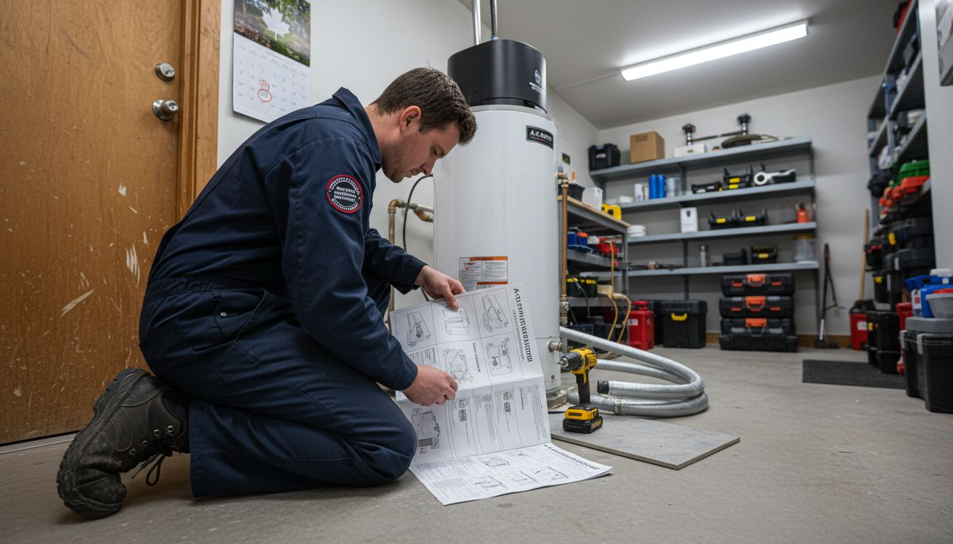 Installer working on water heater in utility room