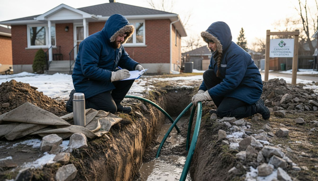 Technicians installing ground-source heat pump piping