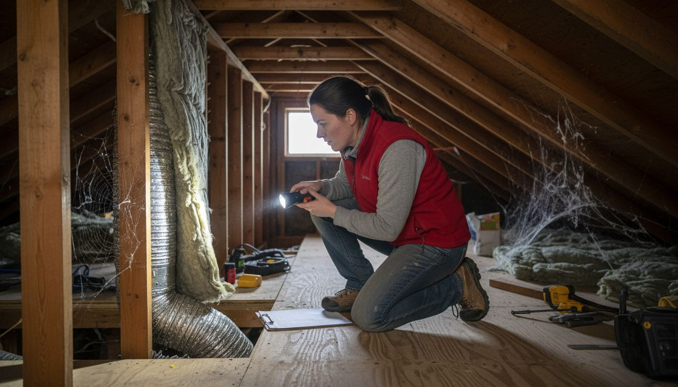 Consultant inspecting attic insulation and ducts
