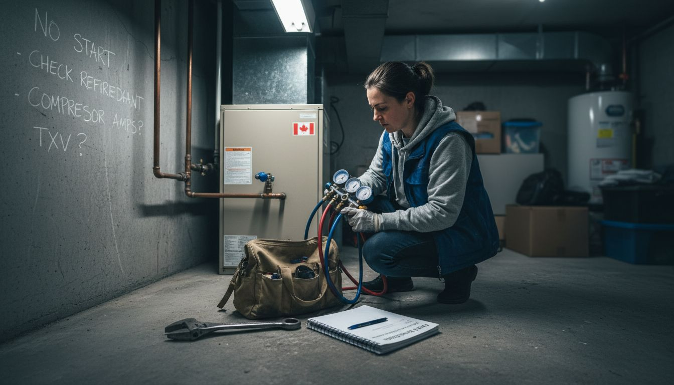 Worker checking refrigerant charge on heat pump