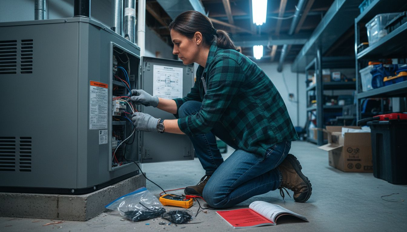 Electrician completing heat pump wiring step