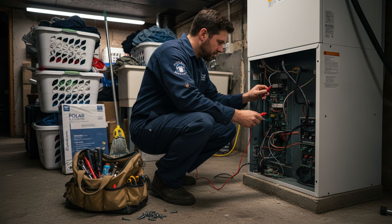 Technician performing indoor heat pump maintenance