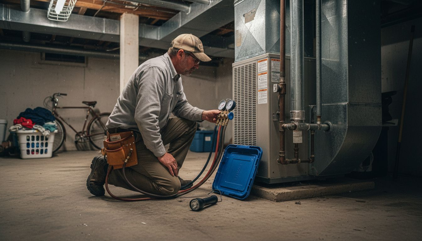 Technician inspects basement heat pump equipment