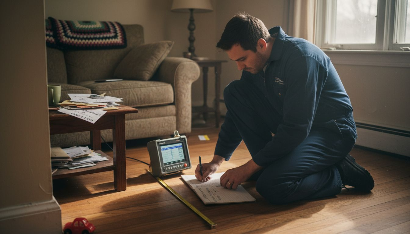 Technician calculating heat pump size indoors