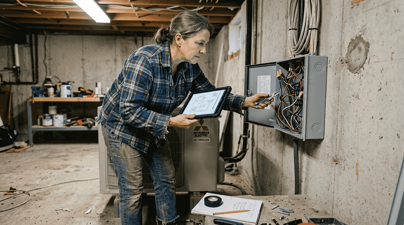 Homeowner cross-checking heat pump wiring setup