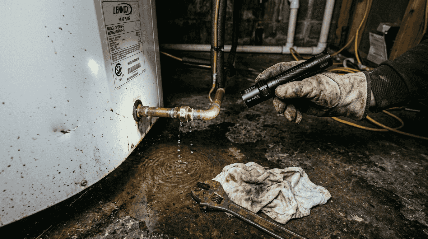 Hand inspecting leaking pipe on heat pump