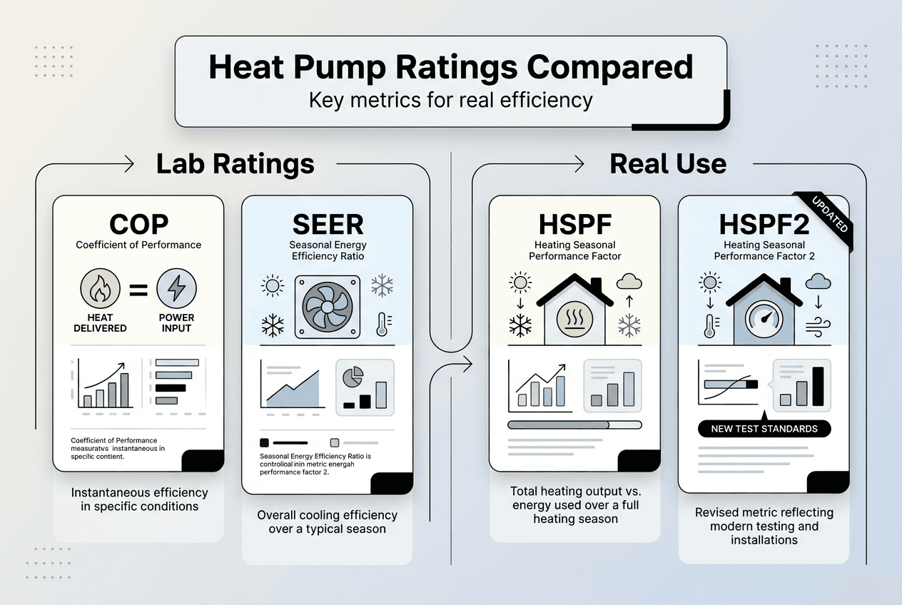 Infographic of heat pump efficiency rating metrics