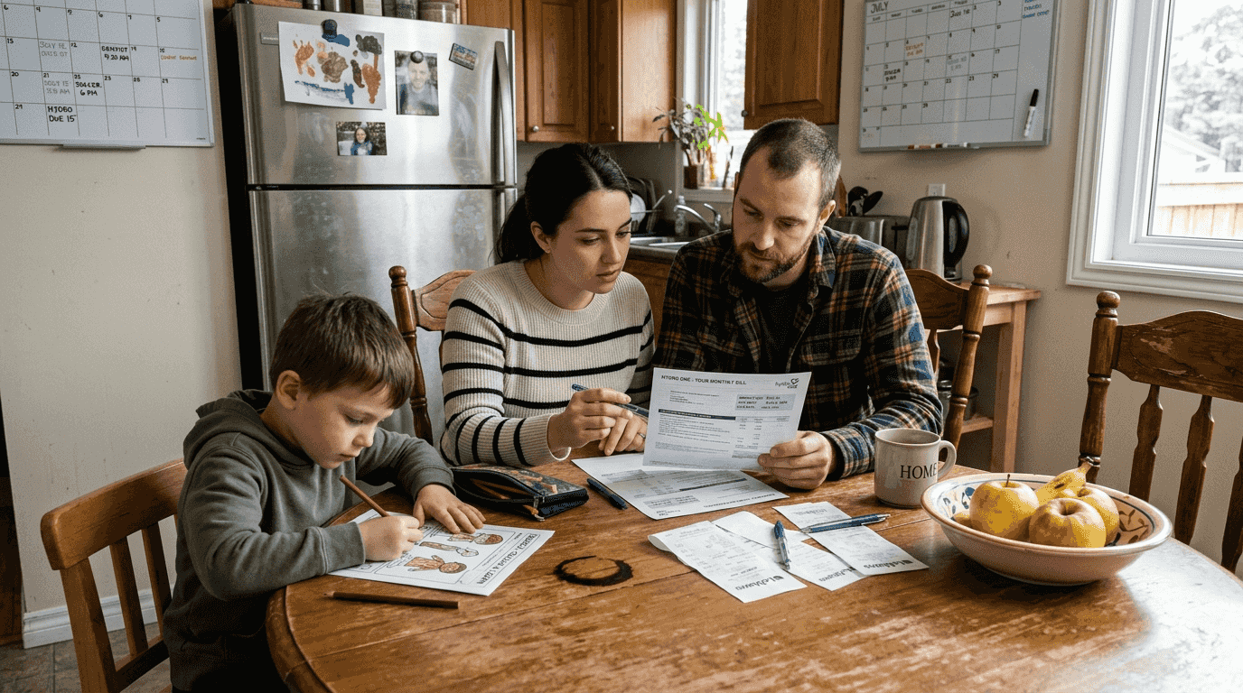 Family reviews utility bill at kitchen table