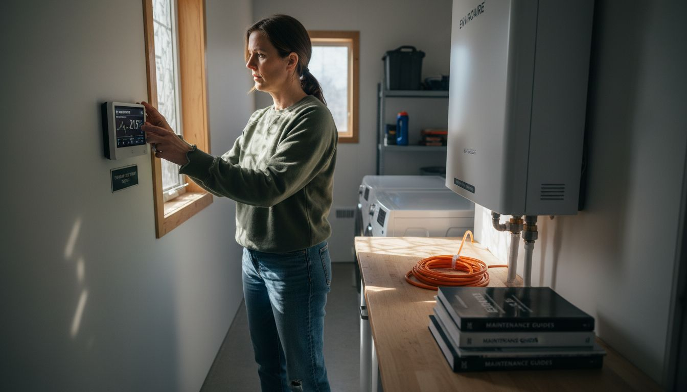 Woman controlling new heat pump system