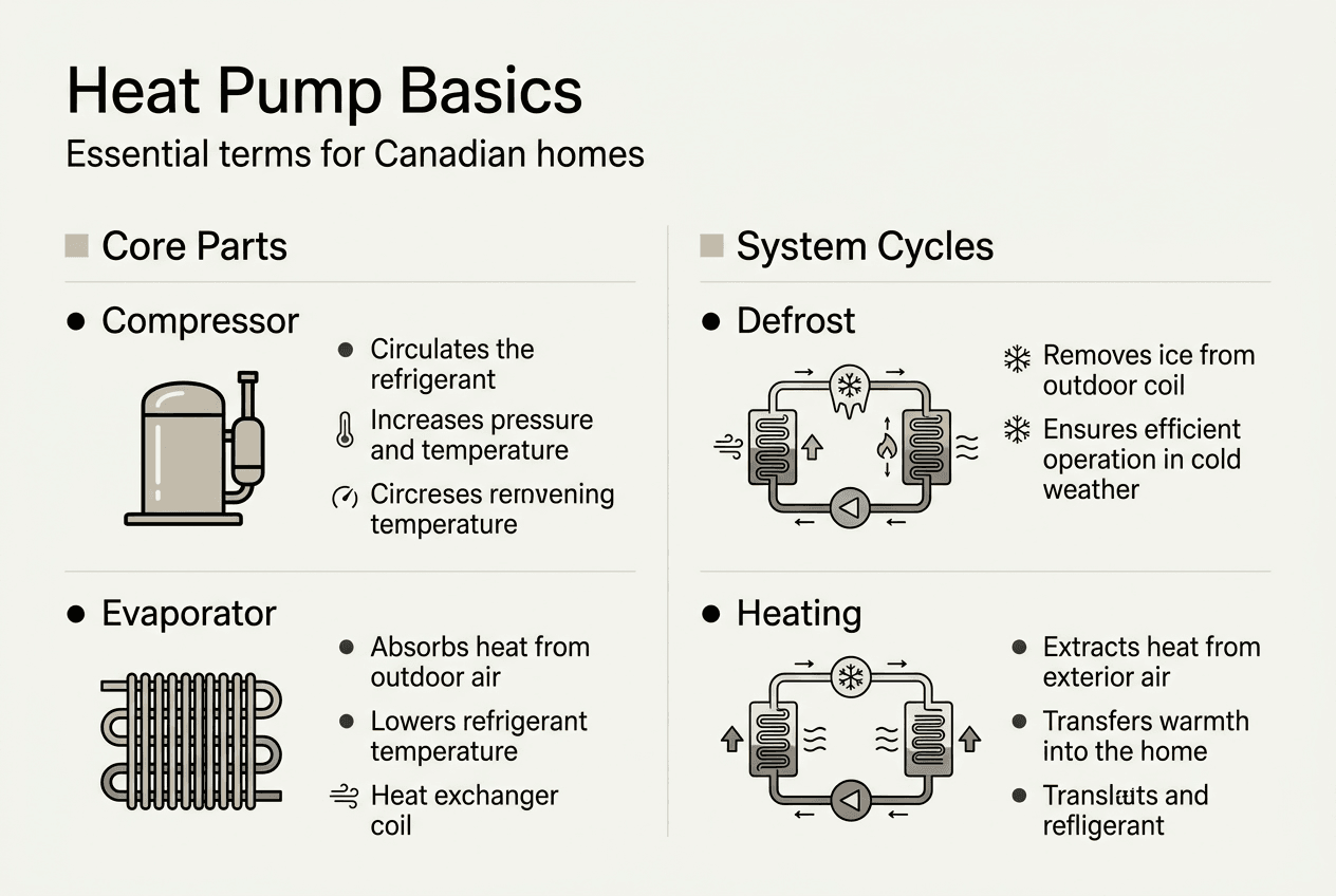 Infographic of heat pump parts and cycles
