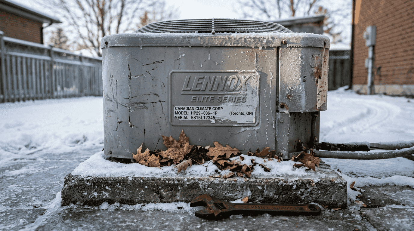 Outdoor heat pump compressor closeup in winter