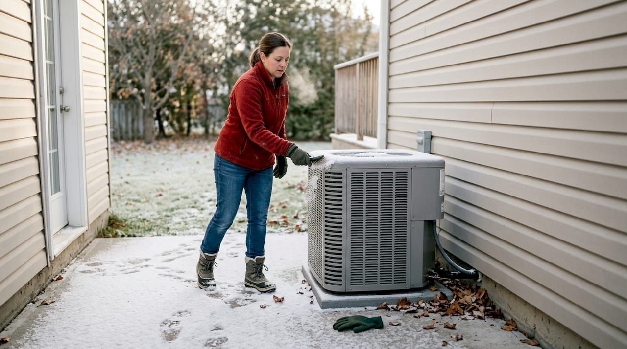 Homeowner clears snow from outdoor heat pump