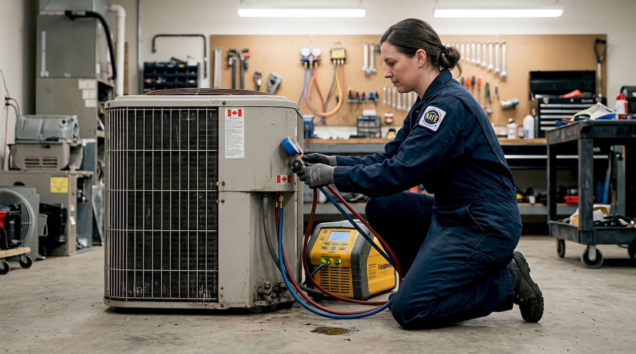 Worker connects refrigerant recovery machine to heat pump