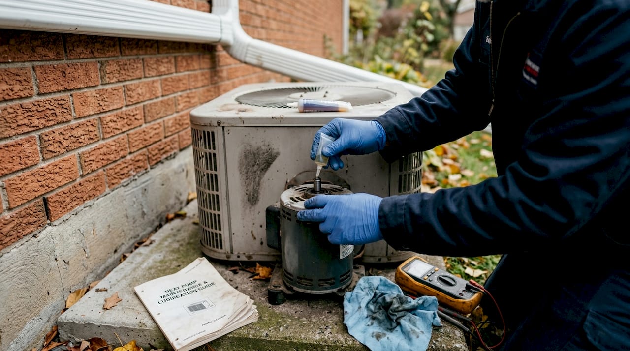 Technician lubricating outdoor heat pump fan motor