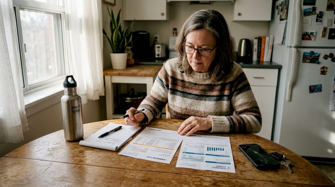Woman comparing home energy bills at kitchen table