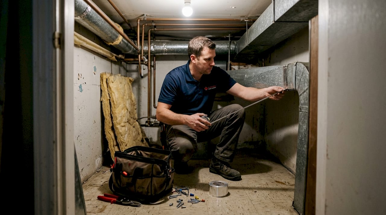 Installer measuring ductwork for retrofit heat pump