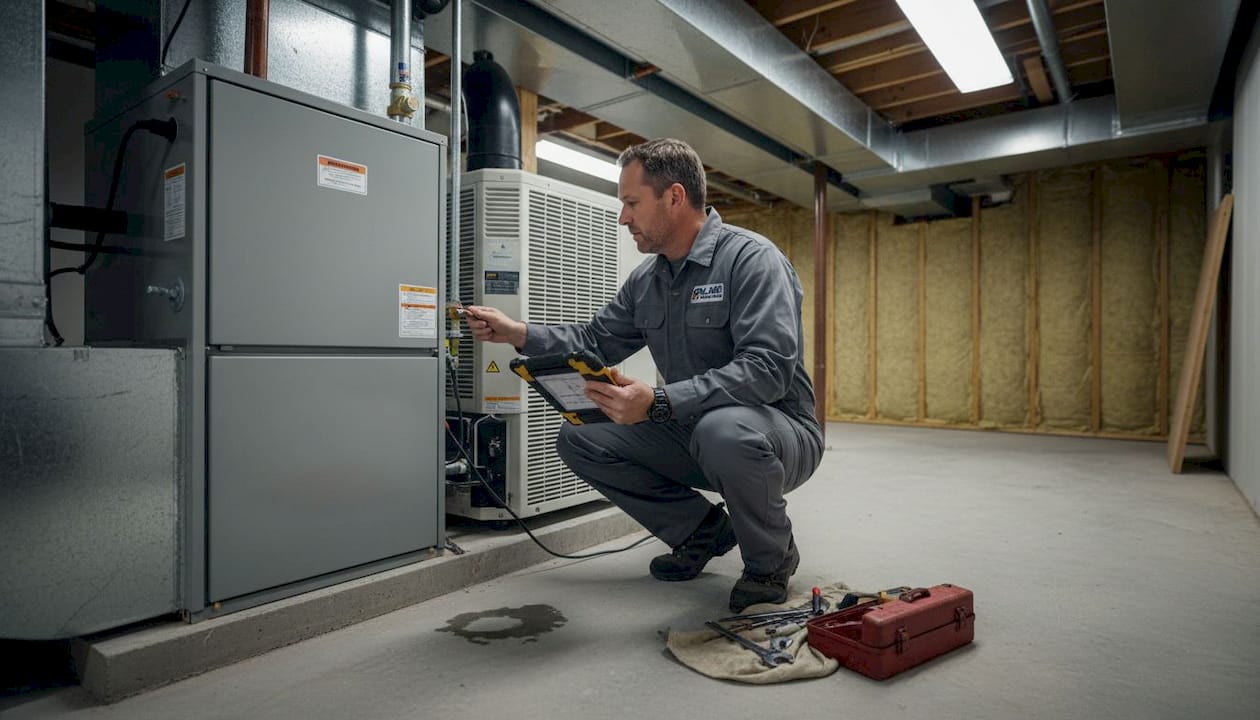 Technician checks furnace and heat pump in basement