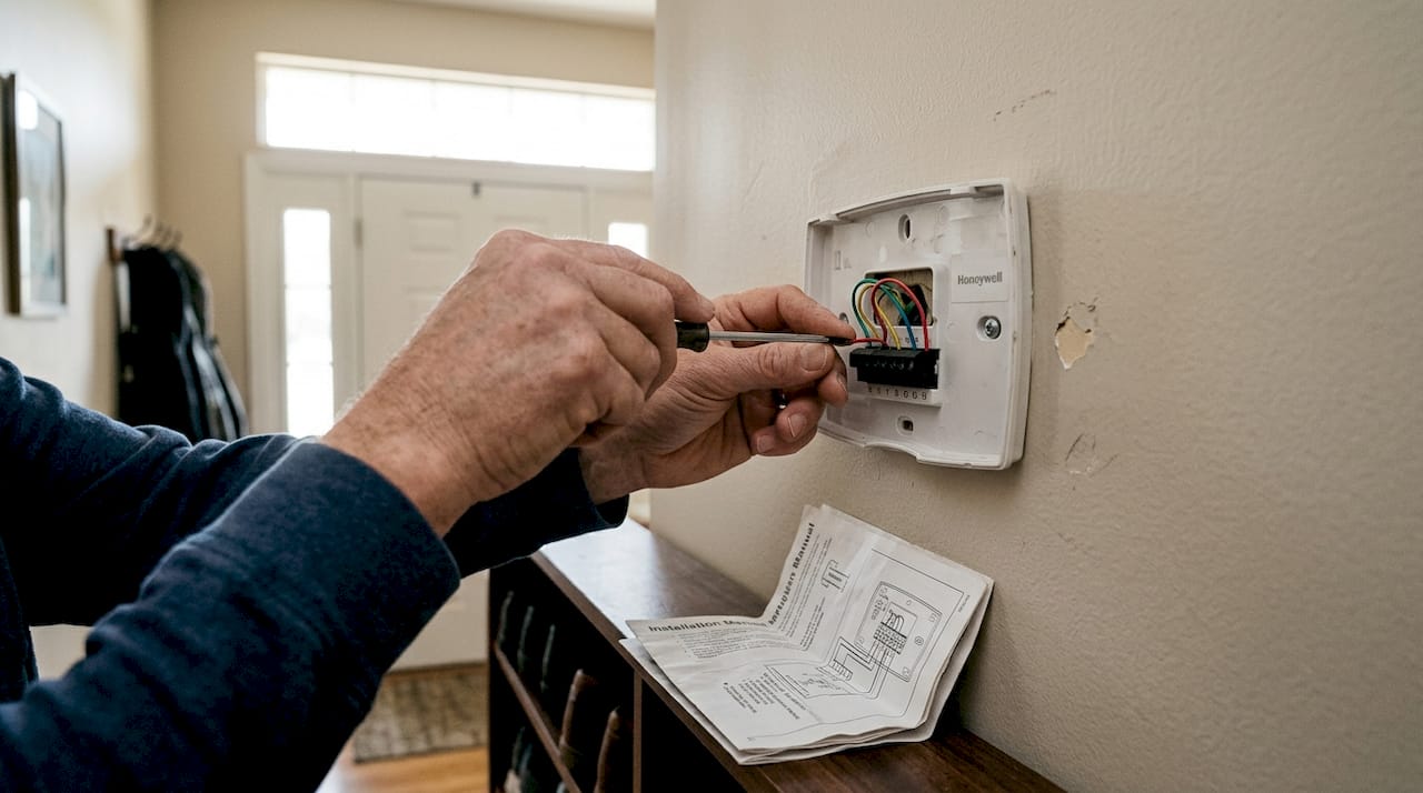 Hands adjusting wires on heat pump thermostat