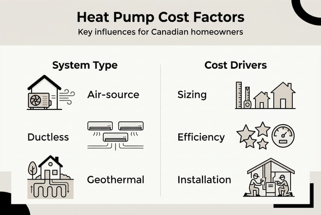 Infographic with heat pump cost factors categories