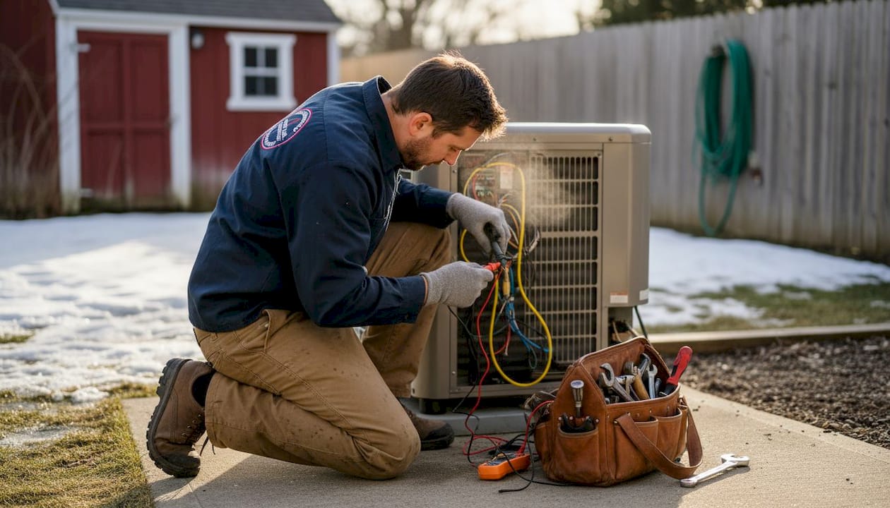 Technician inspects outdoor heat pump installation