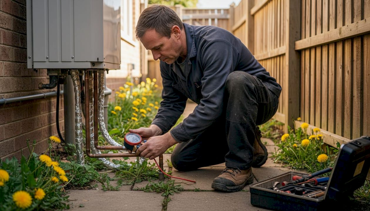 Technician checking heat pump copper lines outside