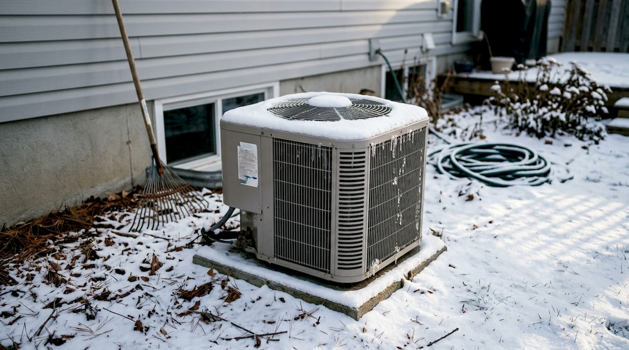 Heat pump blocked by snow and debris outdoors