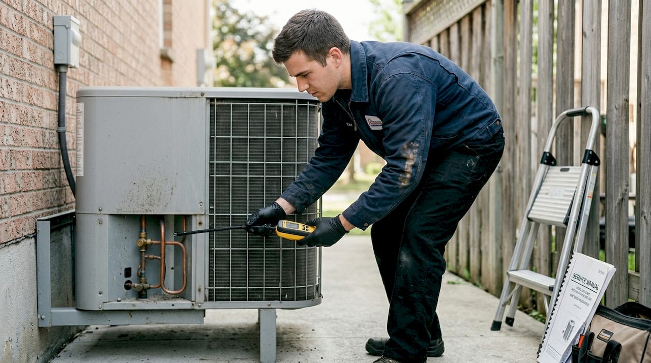 Technician uses detector on heat pump