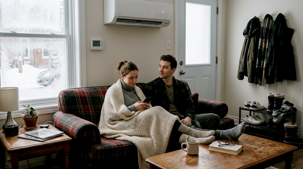 Family monitoring heat pump in winter