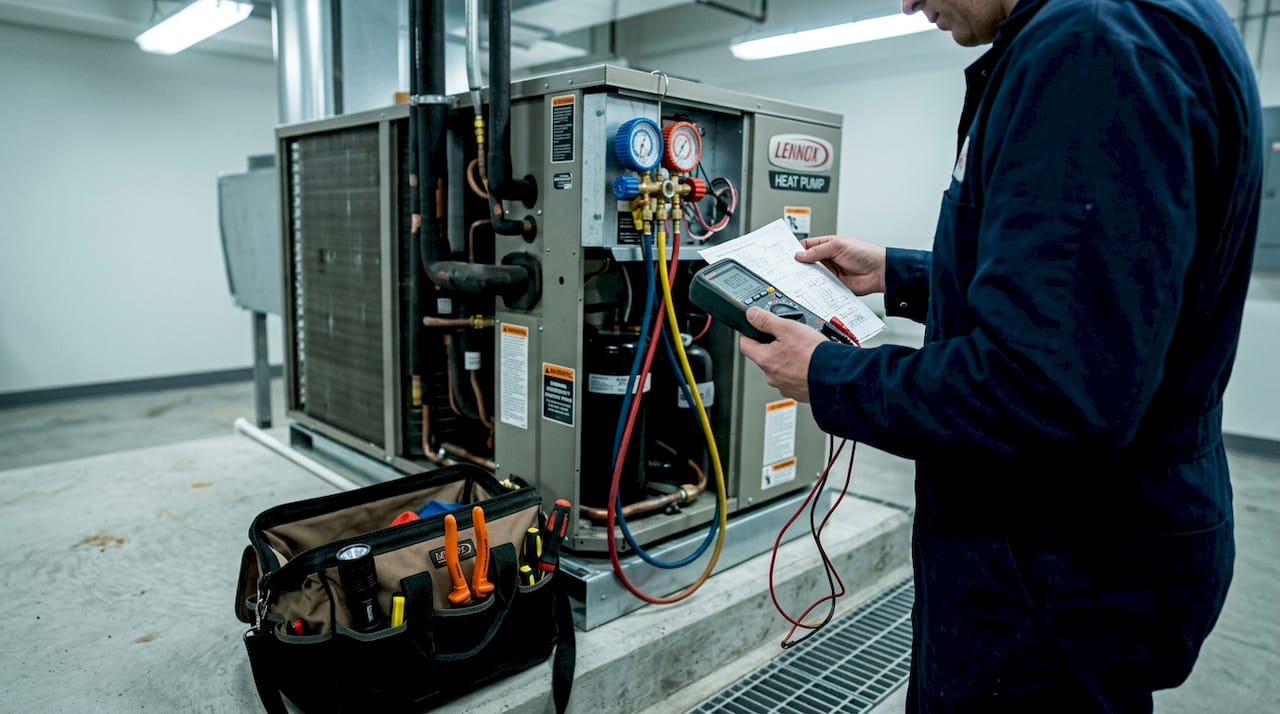 Technician using manifold gauges and diagnostic tools