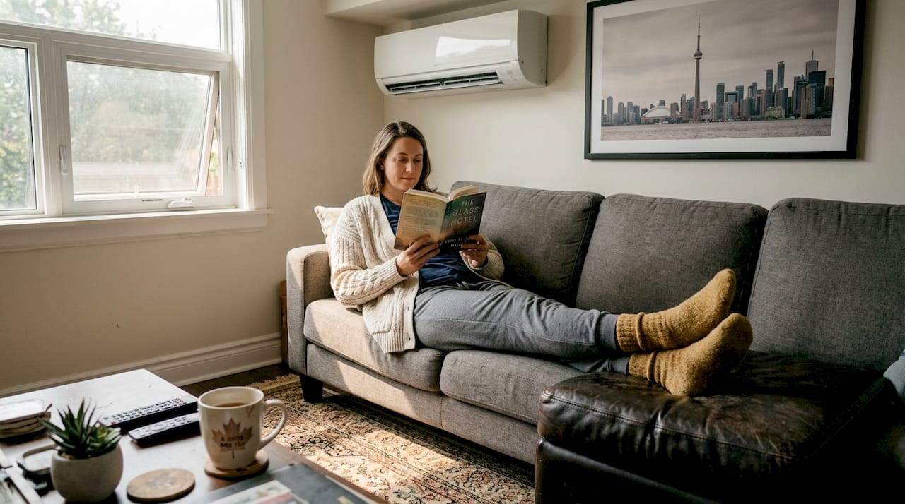 Living room with running heat pump and relaxed occupant